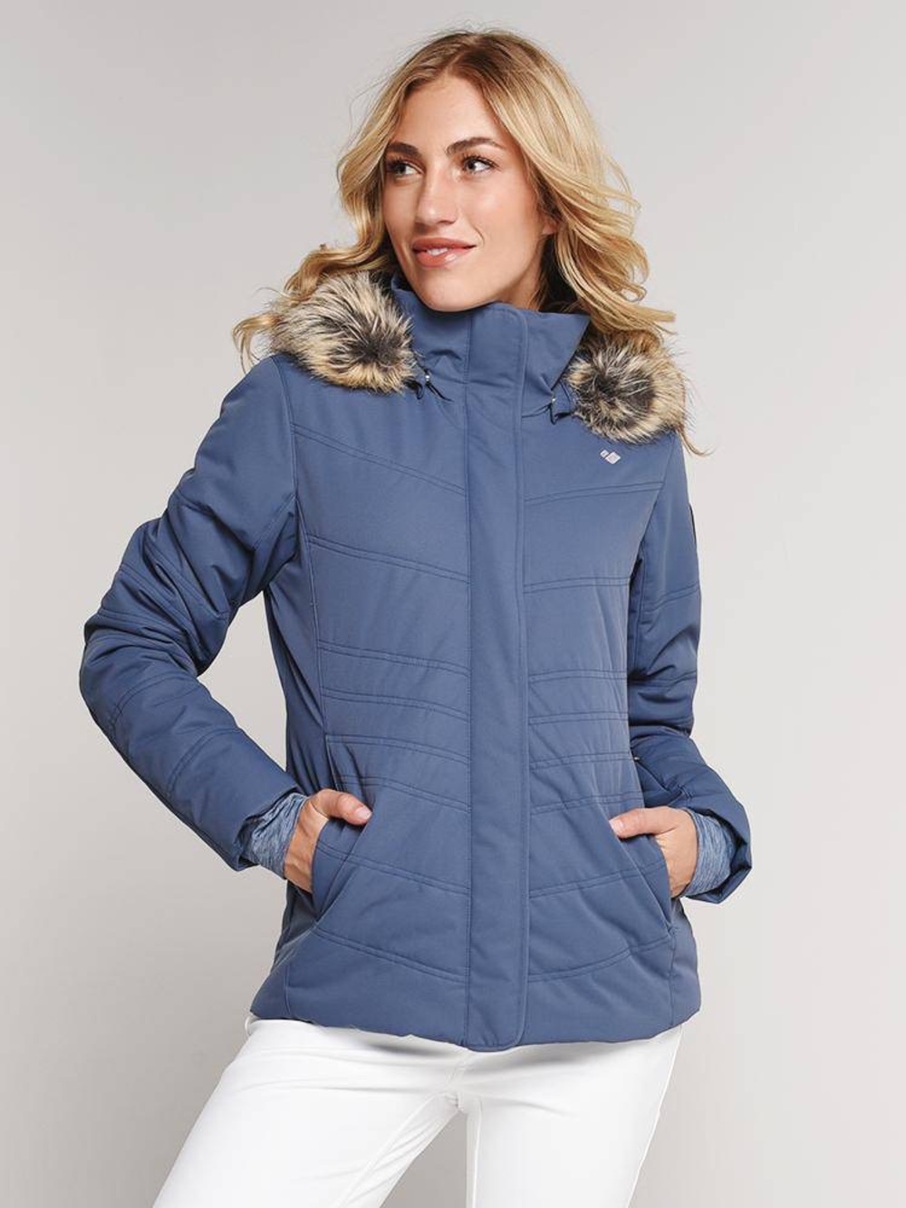 Obermeyer Tuscany II Women's Winter Jacket Coat Steel Blue Faux Fur Sz 6 - $259